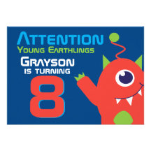 Alien birthday boy 8th blue orange invitation