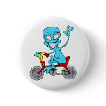 alien on tiny bicycle pinback buttons