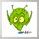 Alien with Giant Head driving UFO Poster