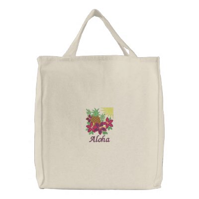 Aloha hibiscus flower pineapple embroidered bag by JameneEmbroidery