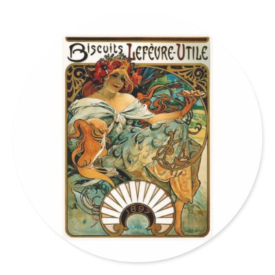 Alphonse Mucha Biscuits LeFevre Utile Round Stickers by vintage_poster