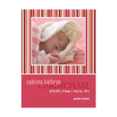 Amaryllis Stripes Pink • Baby Announcement Post Card by CSKidsOccasions