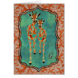 Amber & Azure Giraffes Damask Monogram Notecard