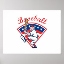 American Baseball Player Batting Cartoon Posters