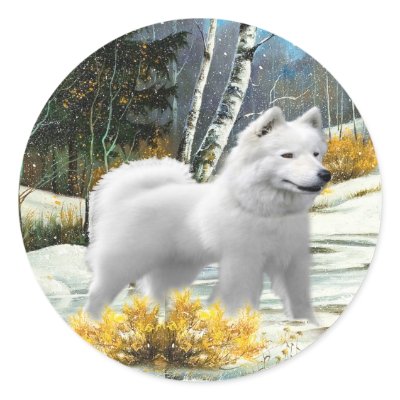 American Eskimo A Winter Scene cards Round Sticker by friskybiz