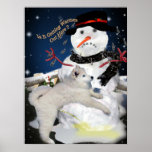 American Eskimo dog peeing on snowman Poster