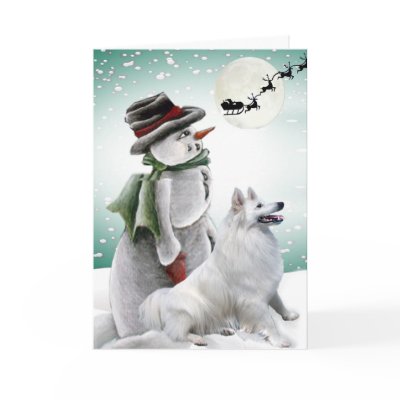 American Eskimo With Snowman Cards by friskybiz