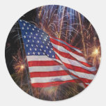 American Flag And Fireworks Design Round Stickers