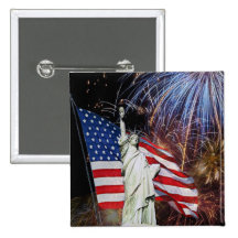 American Flag, Fireworks and Statue of Liberty Pinback Button