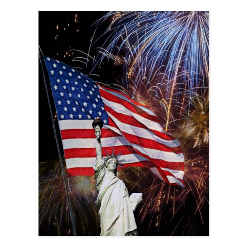 American Flag, Fireworks and Statue of Liberty Post Card
