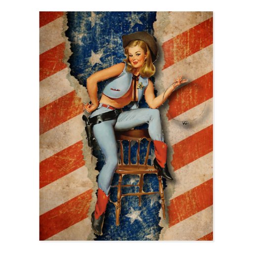 American Flag Patriotic Naughty Pinup Cowgirl Postcard Zazzle