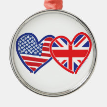 American Flag Union Jack Flag Hearts Christmas Tree Ornament