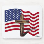 American Flag Waving and Rugged Cross Mousepad