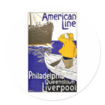 American Line Travel Poster Design Round Stickers