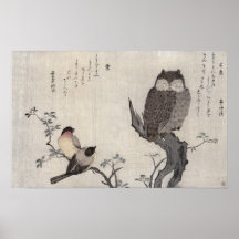 An Owl and two Eastern Bullfinches Poster
