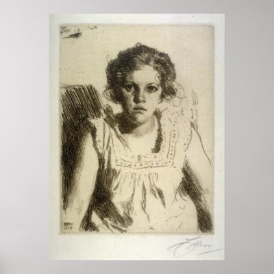anders zorn, portrait of a girl, etching posters by freeparking