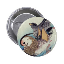 Ando Hiroshige Mandarin Ducks Colour Woodcut Button