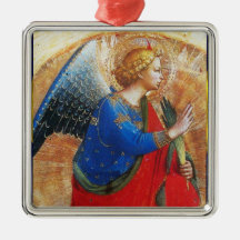 ANGEL IN GOLD RED AND BLUE ORNAMENTS
