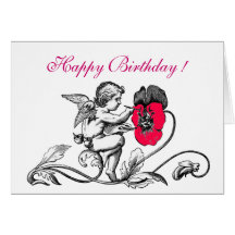 ANGEL PAINTING A PINK FLOWER BIRTHDAY CARDS