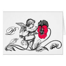 ANGEL PAINTING A PINK FLOWER  MONOGRAM GREETING CARD