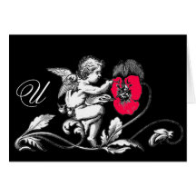 ANGEL PAINTING A PINK FLOWER  MONOGRAM CARD