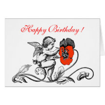 ANGEL PAINTING A RED  FLOWER BIRTHDAY CARD