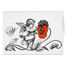 ANGEL PAINTING A RED FLOWER  MONOGRAM GREETING CARD
