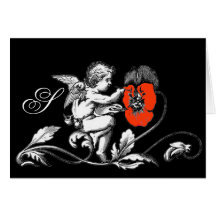 ANGEL PAINTING A RED FLOWER  MONOGRAM GREETING CARDS