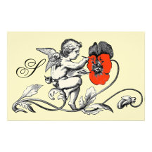 ANGEL PAINTING A RED FLOWER MONOGRAM STATIONERY DESIGN