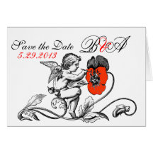ANGEL PAINTING A RED FLOWER SAVE THE DATE MONOGRAM GREETING CARD