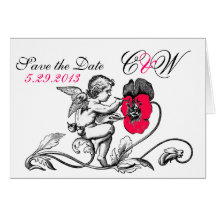 ANGEL PAINTING A RED FLOWER SAVE THE DATE MONOGRAM CARD