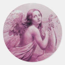 ANGEL PLAYING LYRA OVER THE CLOUDS ROUND STICKER
