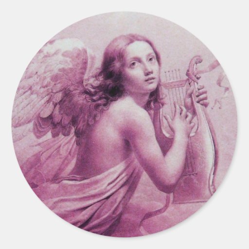ANGEL PLAYING LYRA OVER THE CLOUDS ROUND STICKER