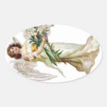 Angel With White Lilies Oval Stickers