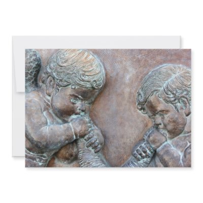 Angels blowing trumpets copper aged relief personalized invitations by SusansZooCrew