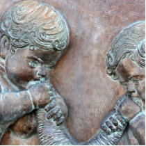 Angels blowing trumpets copper aged relief cut out