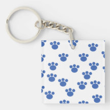 Animal Paw Print Pattern. Blue and White. Square Acrylic Key Chains
