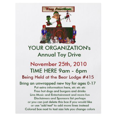 Annual Toy Drive Flier with cute elf  toy auction by SusansZooCrew