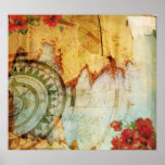 Antiquarian Print with Compass and Poppies