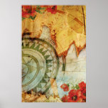 Antiquarian Steampunk Poster with Compass & Poppy
