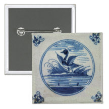 Antique Delft Blue Tile - Duck in the Water Pinback Buttons