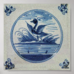 Antique Delft Blue Tile - Duck in the Water Poster