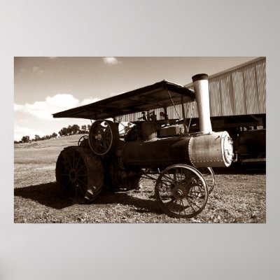Antique Farm Tractor Metal Wheels Sepia print by nostalgicjourney