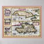 Antique Map of Cuba, Haiti, Caribbean Islands Posters