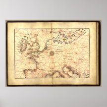 Antique Map of France & England 1544 A.D. Poster