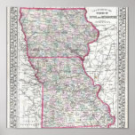 Antique Map of Iowa & Missouri circa 1874 Poster