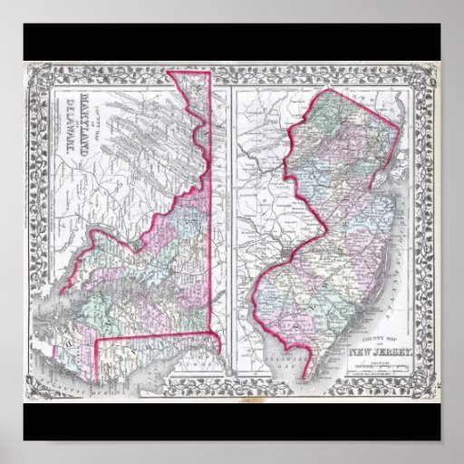 Antique Map of Maryland, New Jersey, & Delaware Poster