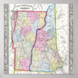 Antique Map of Vermont & New Hampshire c. 1862 Posters