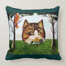 ANTIQUE PAINTING OF CAT WITH BIRD ON PILLOW