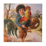 Antique Post Card Easter Boy Rooster Cherry Blosso Ceramic Tile